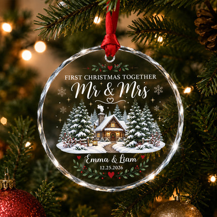 Personalized First Christmas Together Snowy Cabin Couple Glass Ornament