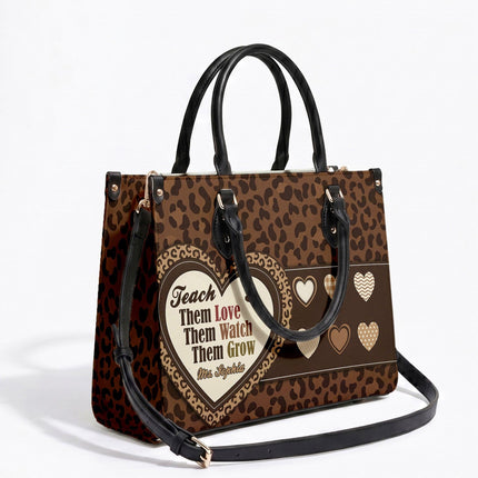 Personalized Teacher Leather Handbag Leopard Print Heart