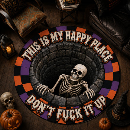 Halloween Round Rug Skeleton Happy Place Funny Doormat