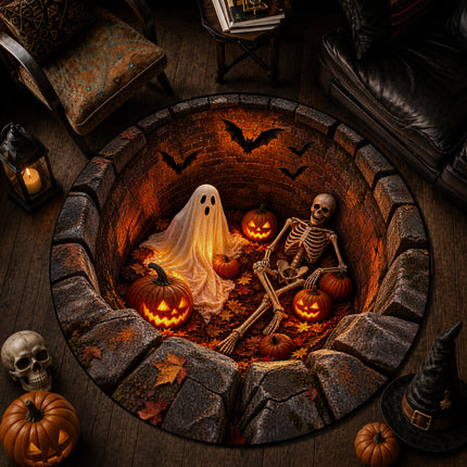 Halloween Round Rug Ghost Skeleton Pumpkin Pit Doormat