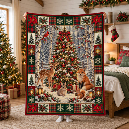 Woodland Christmas Fleece Blanket Forest Animals Deer Fox Rabbit Snowy Tree Holiday Throw