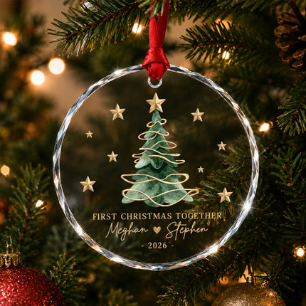 Personalized First Christmas Together Gold Christmas Tree Glass Ornament