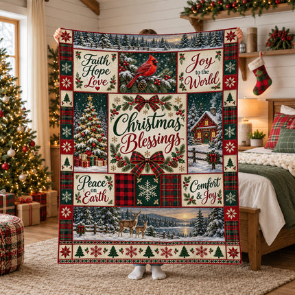 Christmas Blessings Fleece Blanket Faith Hope Love Holiday Patchwork