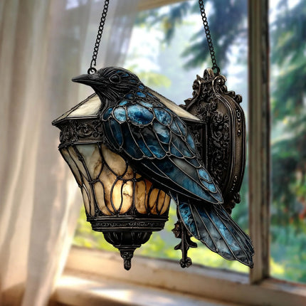 Raven Gothic on Lantern 2D Acrylic Suncatcher – Faux Stained Glass Halloween Crow on Lamp, Halloween Decor for Dark Academia Home - Charming Present