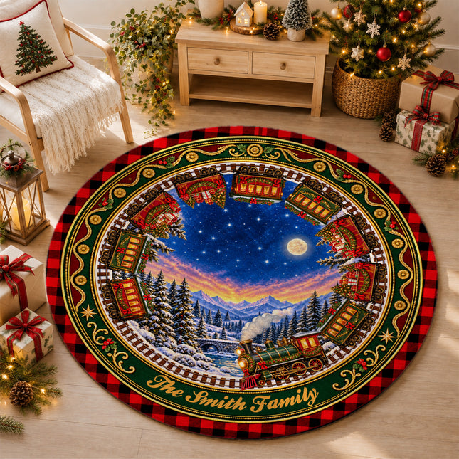 Personalized Christmas Train Doormat Family Name Round Rug