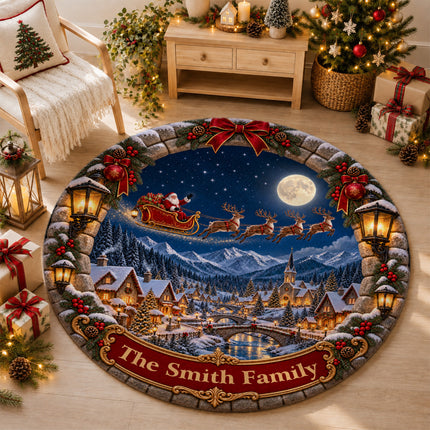 Personalized Santa Sleigh Christmas Round Doormat Snowy Village Family Name Rug