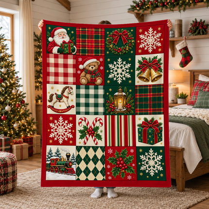 Christmas Patchwork Fleece Blanket Vintage Santa Teddy Bear Plaid Holiday Throw