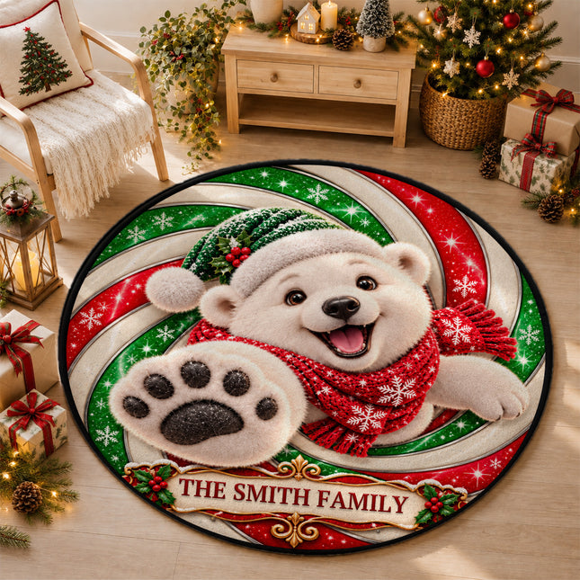 Personalized Christmas Doormat Cute Polar Bear Family Name Round Rug