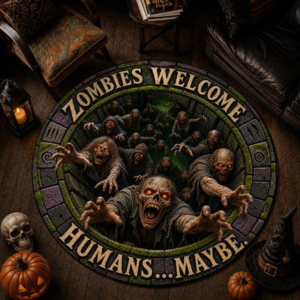 Halloween Round Rug Zombies Welcome Humans Maybe Doormat