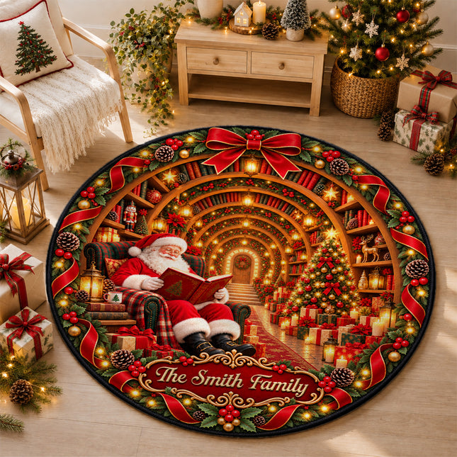 Personalized Christmas Doormat Santa Reading Family Name Round Rug