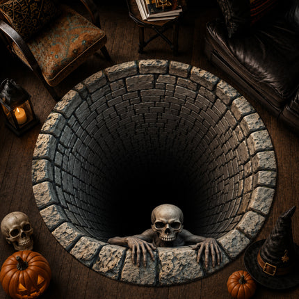 Halloween Round Rug Skull Haunted Well 3D Illusion Doormat
