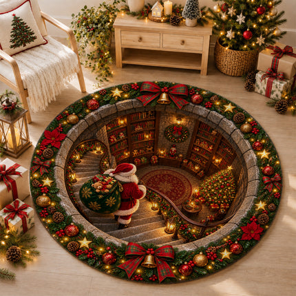 Christmas Round Doormat with Santa Library Scene