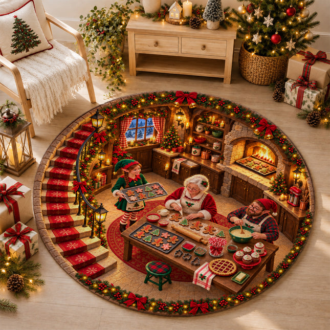 Christmas Cookie Baking Round Rug Cozy Kitchen Holiday Doormat