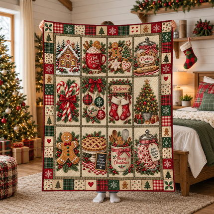 Christmas Gingerbread Patchwork Fleece Blanket Cozy Cocoa and Cookies