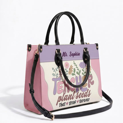 Personalized Teacher Leather Handbag Plant Seeds Floral