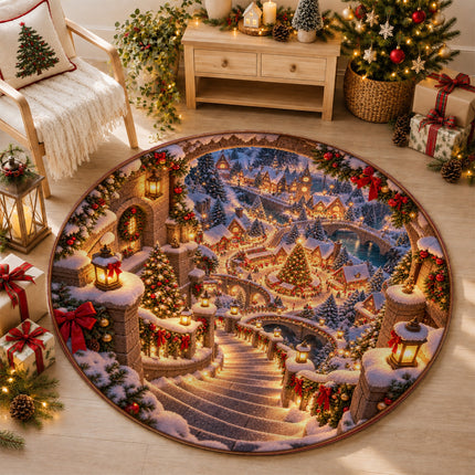 Christmas Village Round Rug Snowy Stairway Holiday Doormat