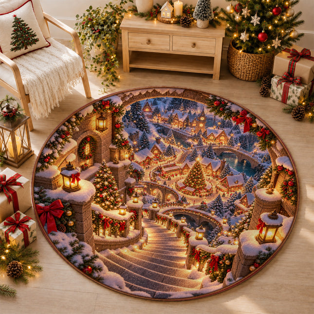 Christmas Village Round Rug Snowy Stairway Holiday Doormat