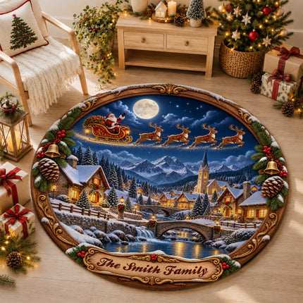 Personalized Christmas Village Round Doormat Santa Sleigh Moonlit Family Name Rug