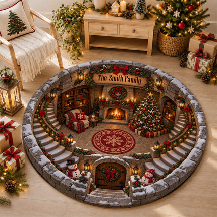 Personalized Christmas Round Doormat Cozy Fireplace Snowman Family Name Rug
