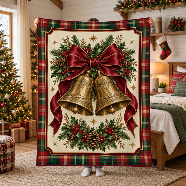 Christmas Bells Fleece Blanket Vintage Plaid Holiday Decor