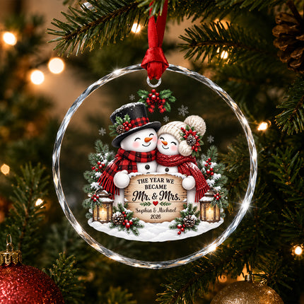 Personalized Newlywed Snowman First Christmas Glass Ornament