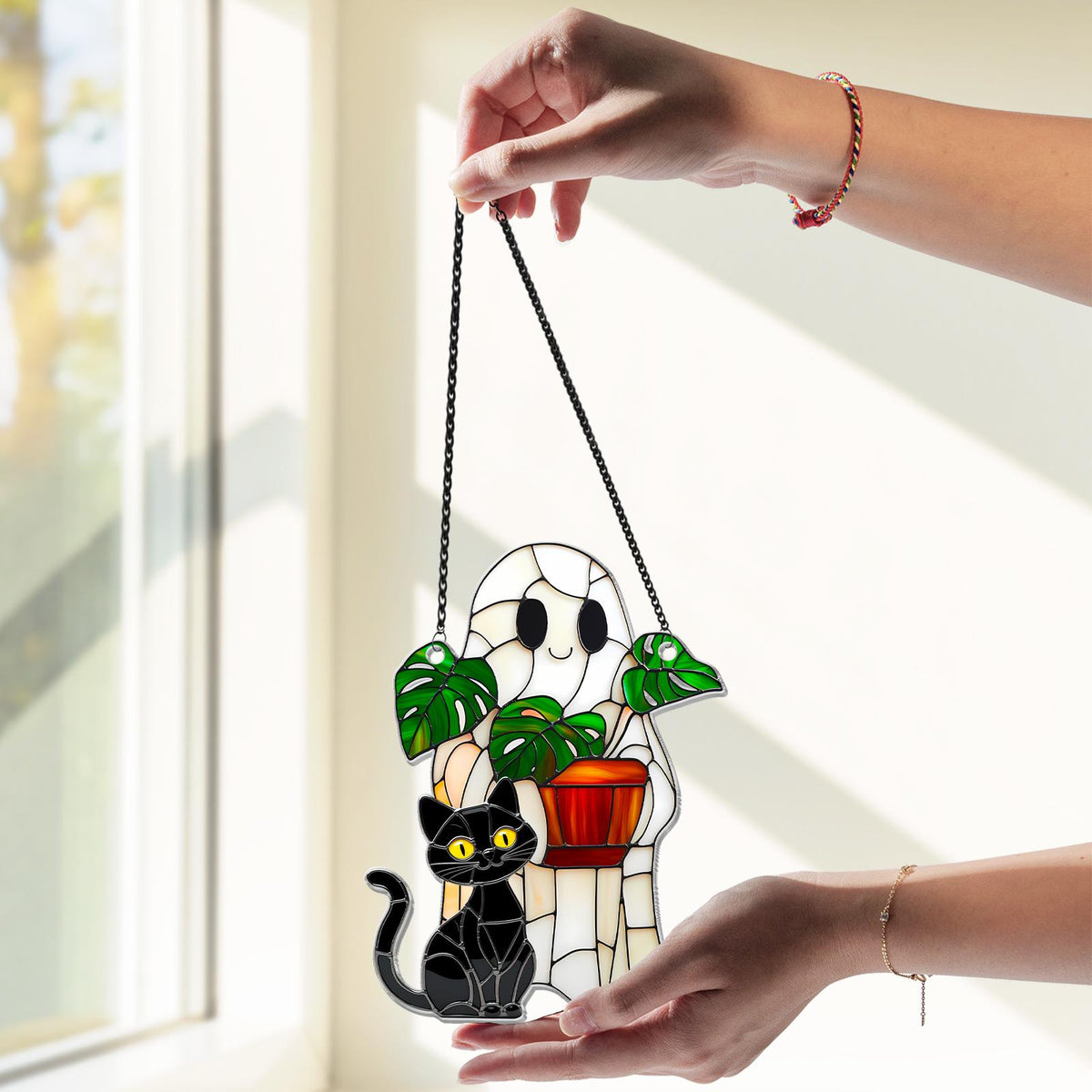 Cute Ghost Plant And Cat ACRYLIC Suncatcher,Ghost Monstra Window Hanging,Hangings Plant Lover Gift,Black Cat Lover,Mom Gift,Halloween Decor