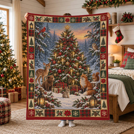 Woodland Animals Christmas Fleece Blanket Candlelit Winter Forest