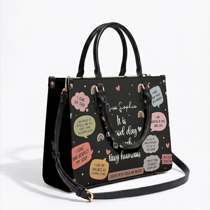 Personalized Teacher Leather Handbag Black Affirmations
