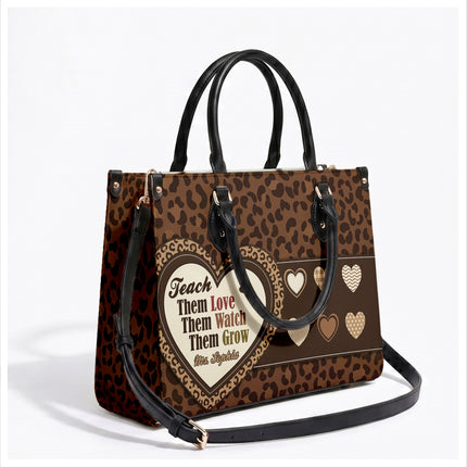 Personalized Teacher Leather Handbag Leopard Print Heart