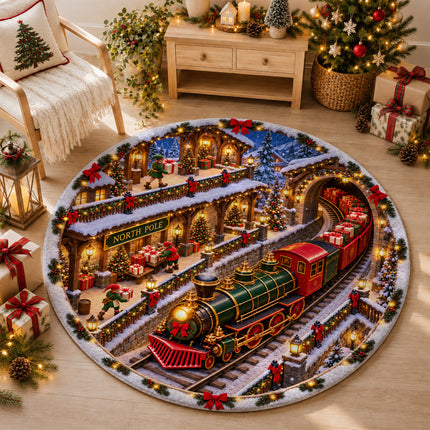 North Pole Christmas Train Round Rug Holiday Gift Express Doormat
