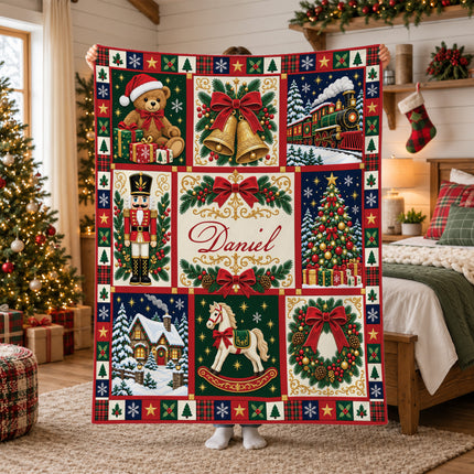 Personalized Christmas Fleece Blanket Nutcracker Holiday Patchwork