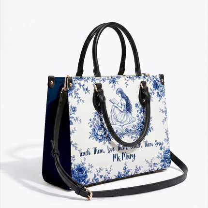 Personalized Teacher Leather Handbag Blue Floral Vintage Reading