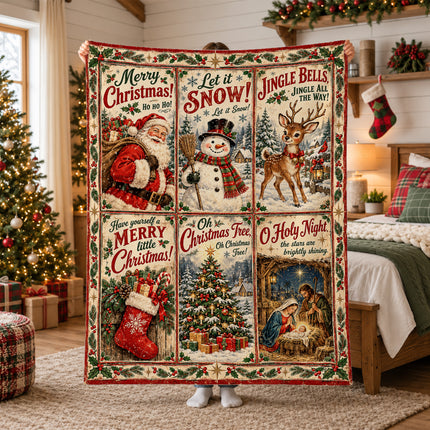 Christmas Nativity Fleece Blanket Vintage Santa Snowman Holiday Scenes