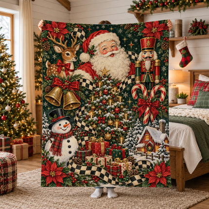 Vintage Santa Christmas Fleece Blanket Nutcracker Reindeer Snowman