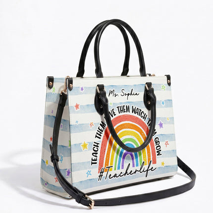 Personalized Teacher Leather Handbag Rainbow Watch Them Grow