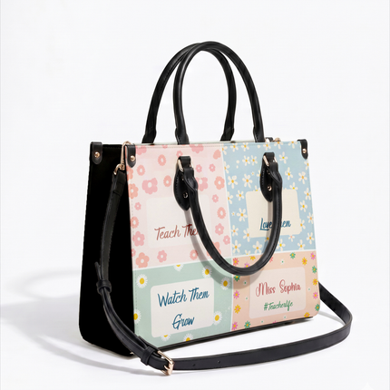 Personalized Teacher Leather Handbag Pastel Floral Color Block
