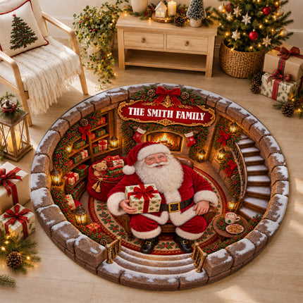 Personalized Santa Christmas Round Doormat Cozy Fireplace Family Name Rug