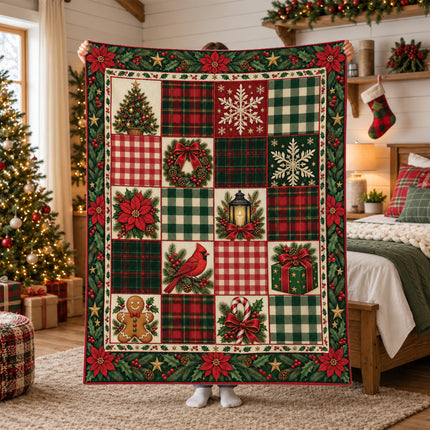 Christmas Patchwork Fleece Blanket Vintage Plaid Cardinal Poinsettia