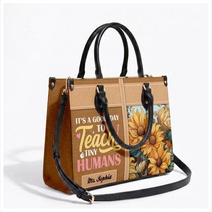 Personalized Teacher Leather Handbag Sunflower Teach Tiny Humans