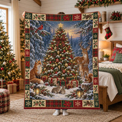 Woodland Christmas Fleece Blanket Winter Forest Wildlife