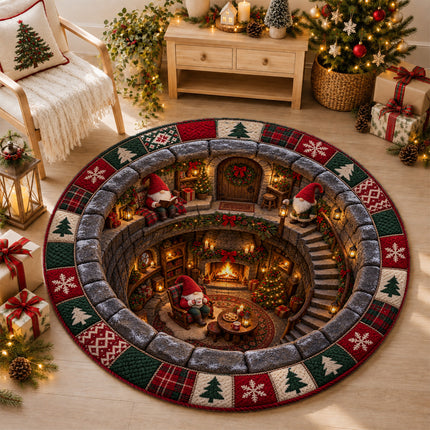 Christmas Round Doormat with Cozy Gnome Fireplace