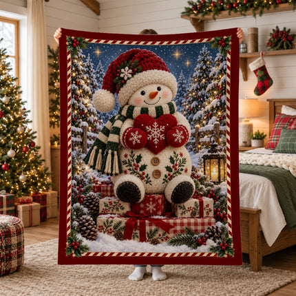 Christmas Fleece Blanket with Cozy Snowman Heart