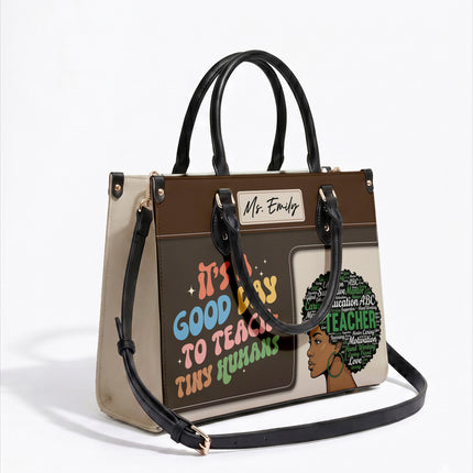 Personalized Teacher Leather Handbag Afro Word Art Tiny Humans