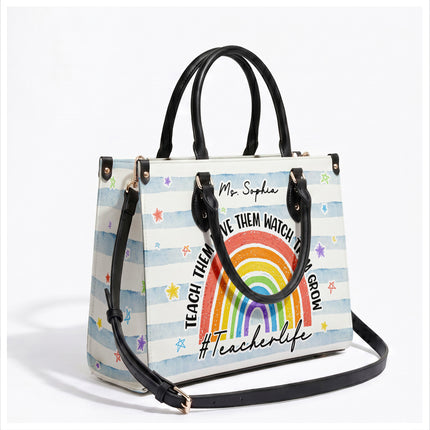 Personalized Teacher Leather Handbag Rainbow Watch Them Grow