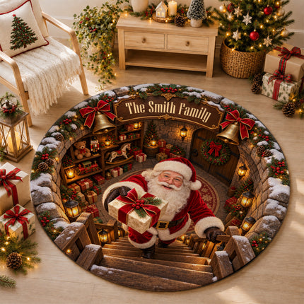 Personalized Santa Gift Delivery Christmas Round Doormat Cozy Family Name Rug
