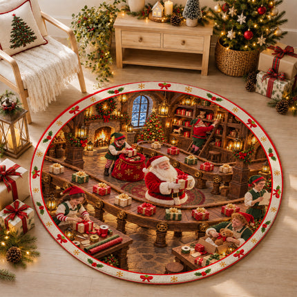Christmas Gift Wrapping Round Rug Santa Workshop Doormat