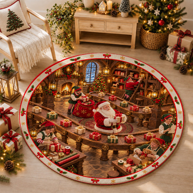 Christmas Gift Wrapping Round Rug Santa Workshop Doormat