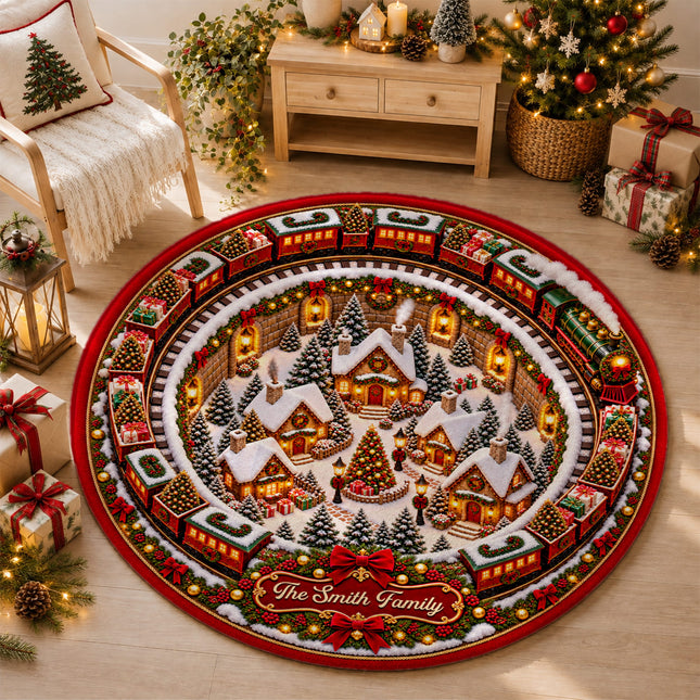 Personalized Christmas Doormat Train Village Family Name Round Rug