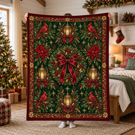 Christmas Fleece Blanket with Cardinal Lantern Wreath