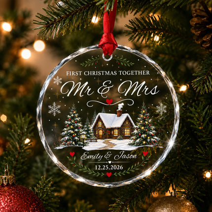 Personalized First Christmas Together Snowy Cabin Couple Glass Ornament